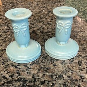 Vintage Redwing Pottery USA Blue Candlestick Pair